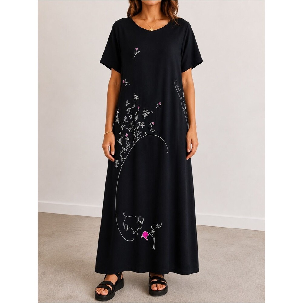 Vintage 90s David Dart Black Rayon Maxi Dress Olé Bullfighter Art Print Sz Large